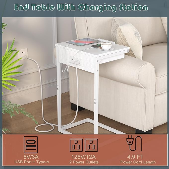 sthmec C Shaped End Table with Charging Station, 45° Tiltable Adjustable Flip