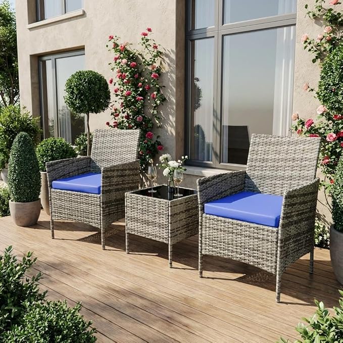 3 Piece Outdoor Patio Furniture Set, All-Weather PE Rattan Wicker Chairs