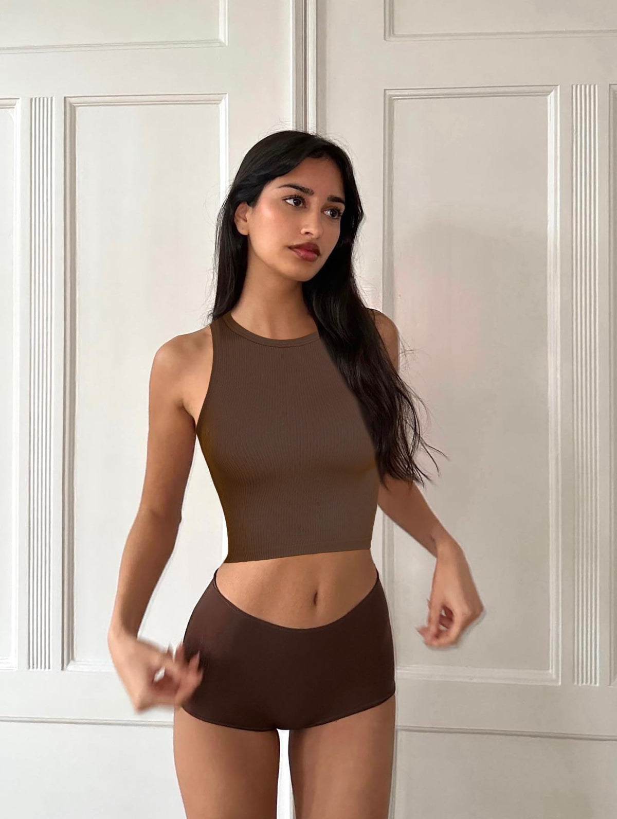 OLCHEE Womens 3 Pack Crop Tank Tops Basic Seamless Ribbed Round High Neck Racerback Workout Top Summer Causal Yoga Gym Shirts - Black Brown Beige Medium