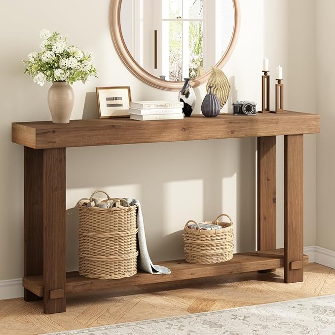 Solid Wood Console Table, 55.1" Long Farmhouse Entryway Tables Thickened