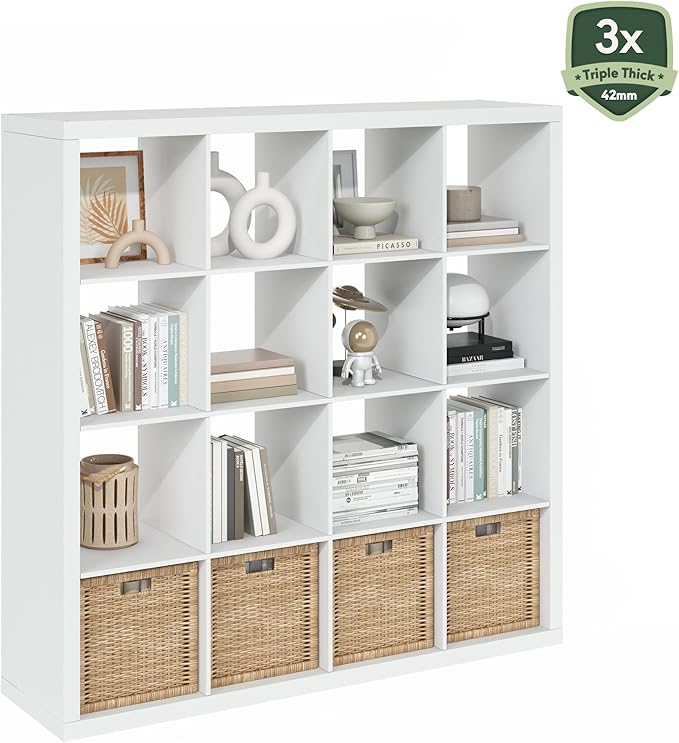 Furinno Cubicle Book Shelf, 16-Cube Bookshelf, Triple Thick Frame Cube Storage