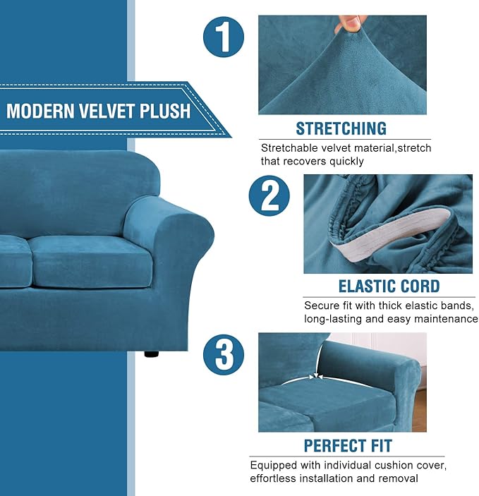 H.VERSAILTEX Real Velvet Plush 3 Piece Stretch Sofa Covers Couch Covers