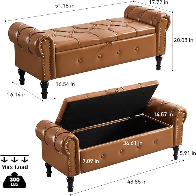 Storage Bench for Bedroom, Faux Leather 51" End of Bed Bench, Queen Size Bench