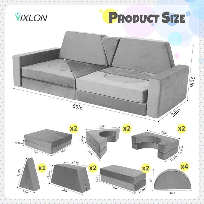 15 Pcs Modular Kids Play Couch, Toddler Couches That Fold Out, Plush Foam Chair