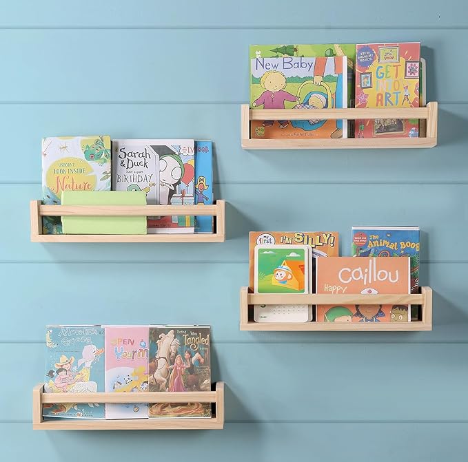 Nursery Room Shelves Set of 4, Wood Floating Book Shelves