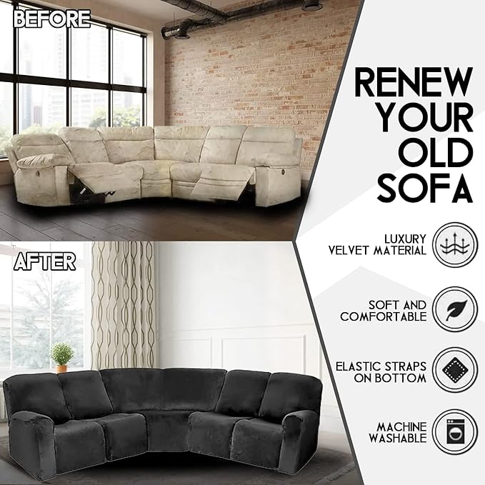 LightInTheBox 7-Piece Velvet Stretch Reclining Couch Covers 5 Seats Corner Sofa