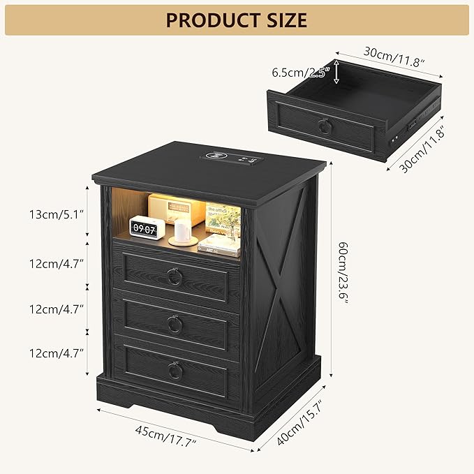 Nightstand with Charging Station, Farmhouse End Side Table with 3 Drawers and