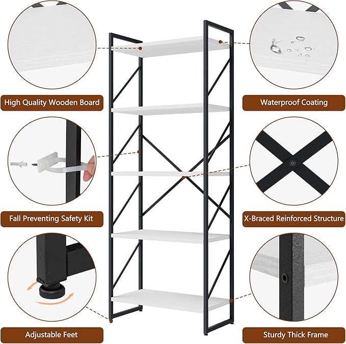 Shintenchi 5 Tiers Bookshelf, Classically Tall Bookcase Shelf, Industrial Book