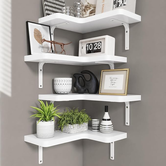 Venusmiles Corner Floating Shelves Set of 4, Wall Mounted L-Shaped Storage