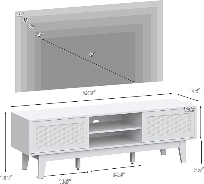 Xixini Boho TV Stand for 55 65 Inch TV, Rattan Entertainment Center