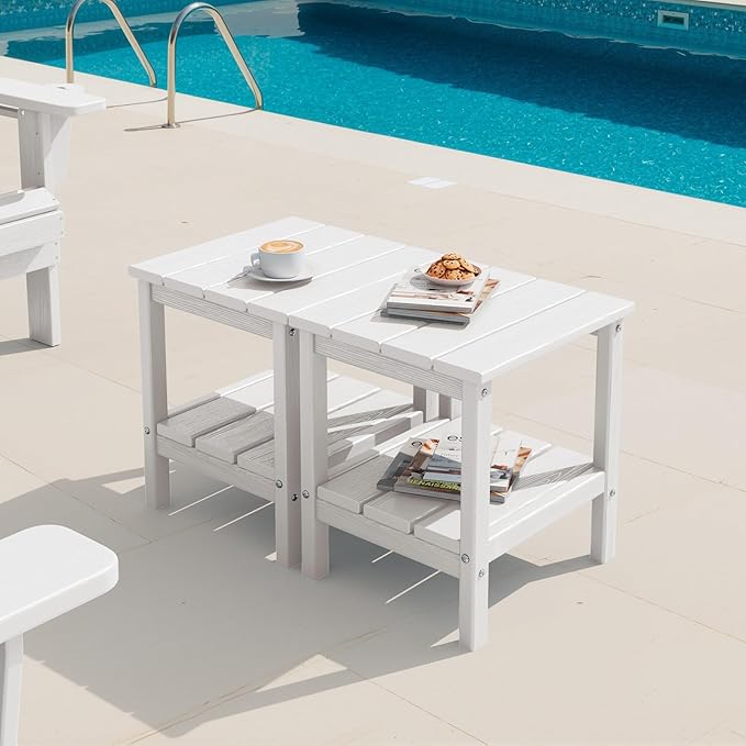 SERWALL 2-Tier HDPE Outdoor Side Tables Set of 2, Weatherproof Rectangular