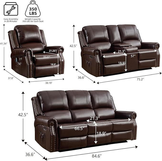 EBELLO Faux Leather Power Recliner Sofa Furniture Set, Included Electric