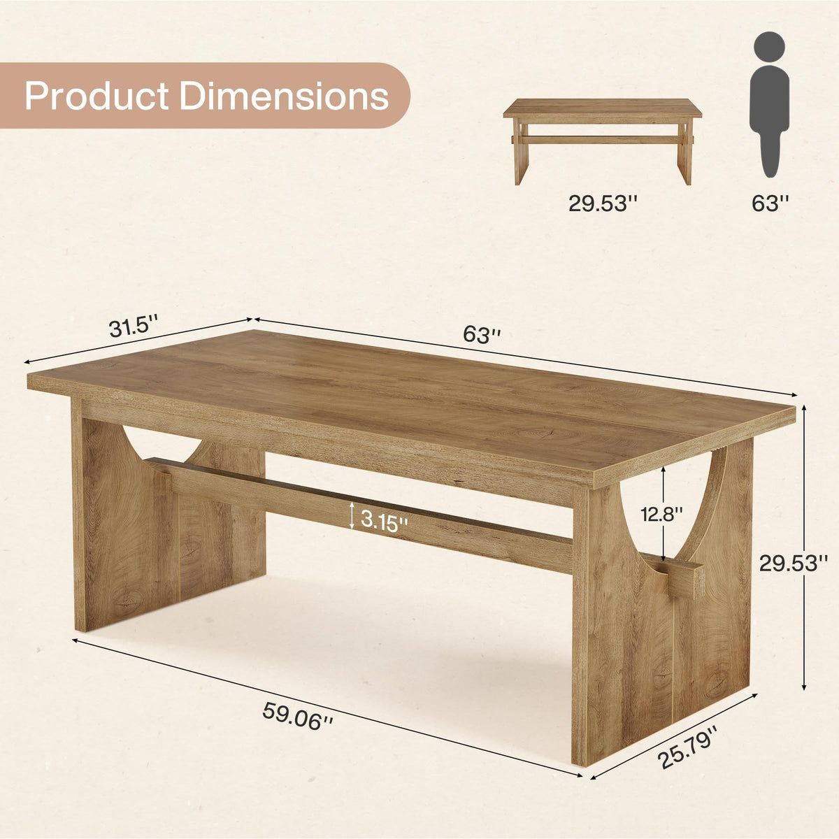 Tribesigns Farmhouse Dining Table for 4-6 People, 63" Large Rectangular Kitchen Dining Room Table with Heavy Duty Double Base for Kitchen Living Room, Rustic Brown