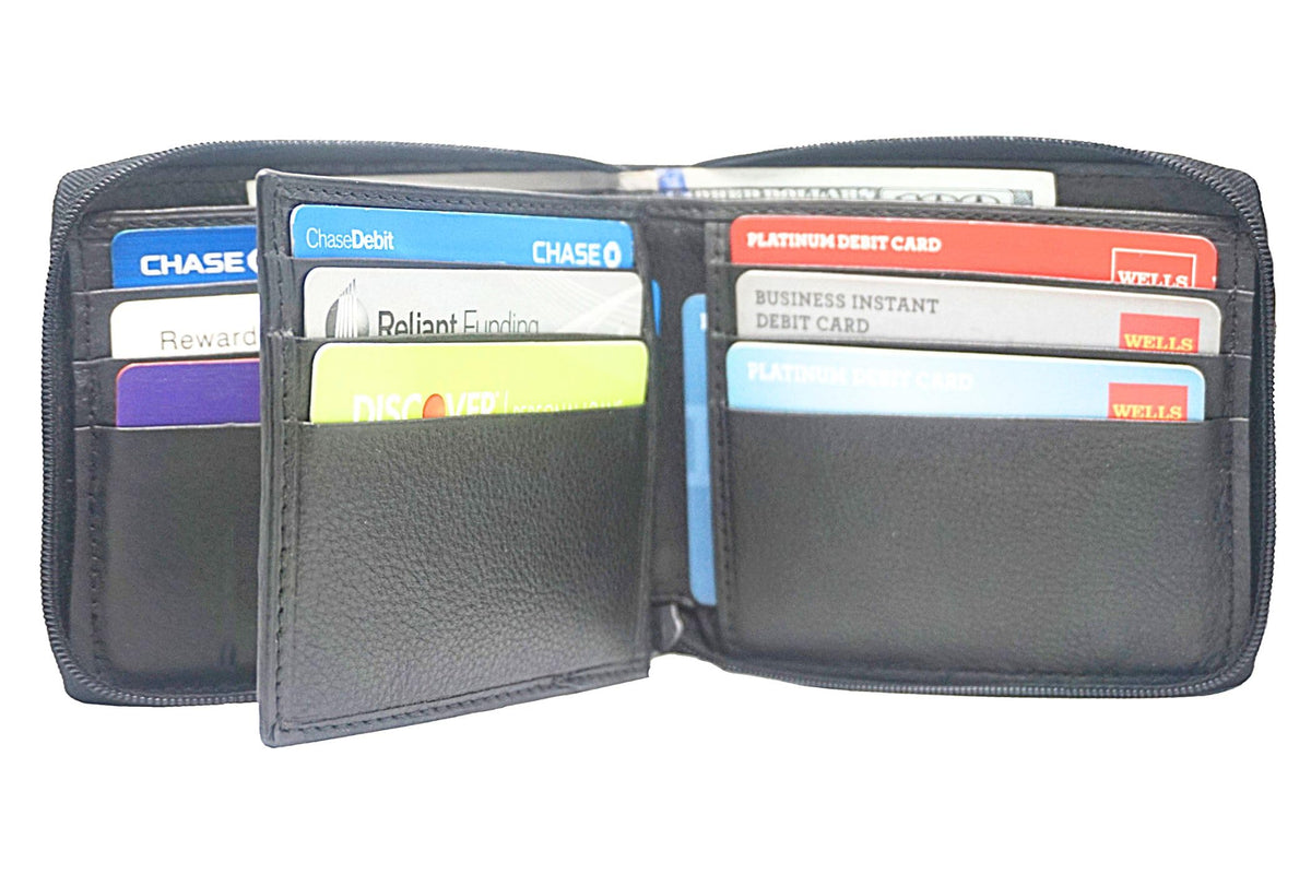 Texan Bull RFID Blocking Bifold Cowhide Leather Wallets For Men With Zipper Security | Safe Metal Zip Chain 9 Card-ID Slim Minimalist Mens Wallet (Gray)