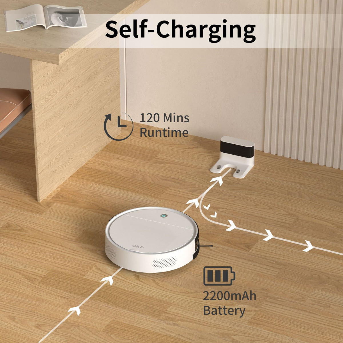 OKP Robot Vacuum Cleaner 2500Pa, 120 Min Runtime, Robotic Vacuum Cleaner with Schedule, WiFi/App/Alexa, Self-Charging, Slim Design, Quiet, Perfect for Hard Floors, Pet Hair, Carpets, K5