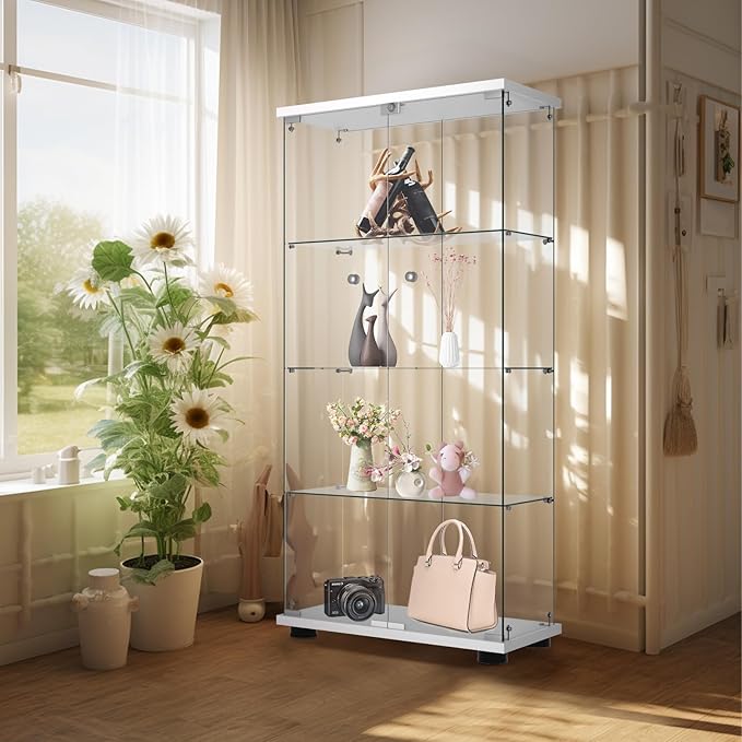 Display Cabinet with Glass Door and Lock, 4-Shelf Fast Installation in 30 Mins