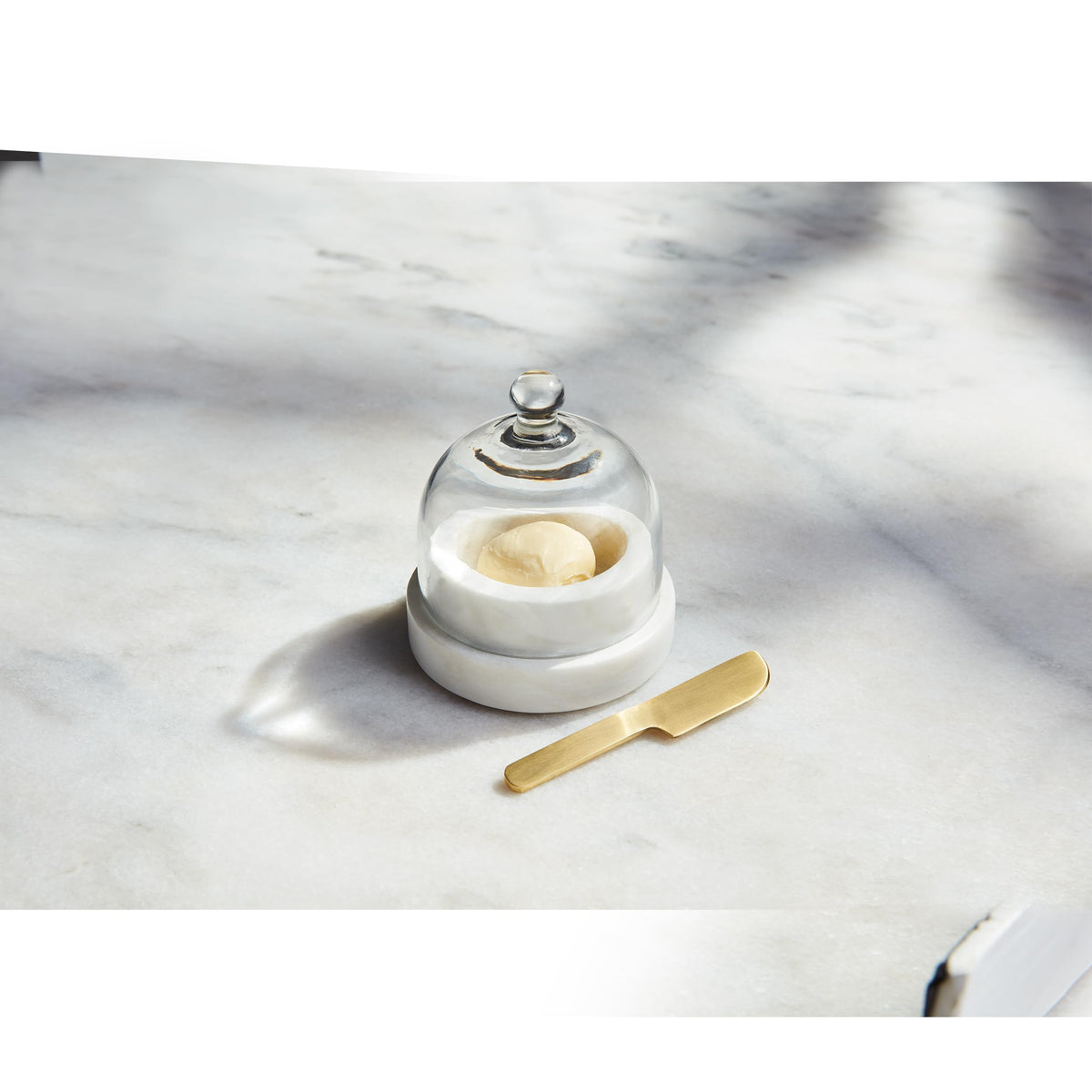 Mud Pie Round Marble Butter Dish; cloche 4 1/2" x 3 1/2" dia | spreader 4"