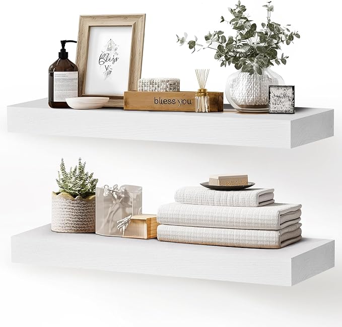24x8x1.6 inch Floating Shelves Set of 2 – Solid Wood Rustic White Wall Mounted
