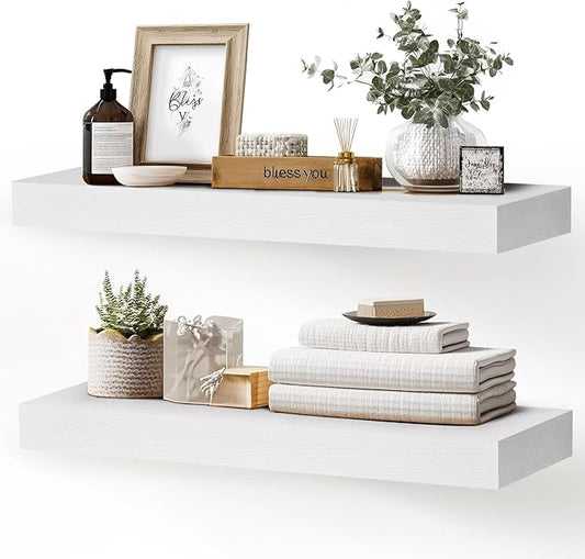 24x8x1.6 inch Floating Shelves Set of 2 – Solid Wood Rustic White Wall Mounted
