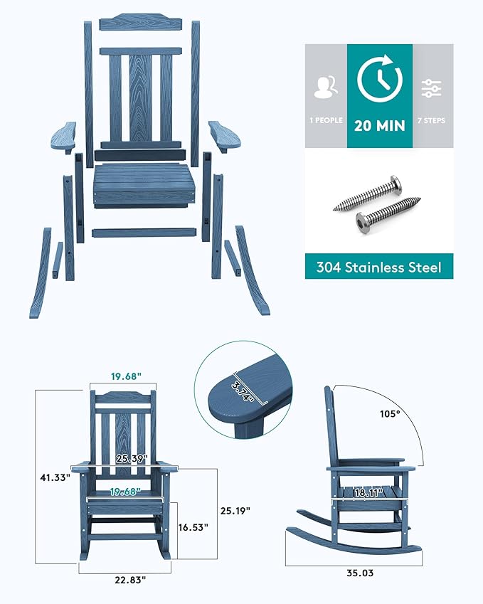 SERWALL Blue Outdoor Rocking Chair Set of 2, All Weather Patio Rocking Chair