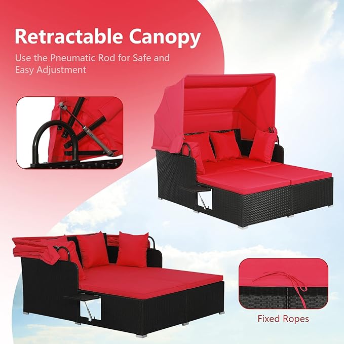 COSTWAY Outdoor Daybed with Retractable Canopy, Wicker Patio Furniture Set with
