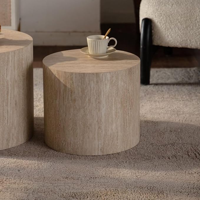 Round Wooden Nesting Coffee Table Set of 2, Circle Modern Accent End Side Table