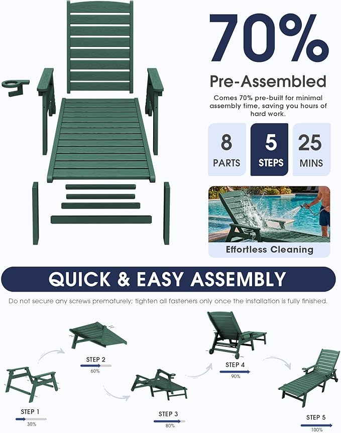 KINGYES HDPE Lounge Chair Outdoor, Patio Chaise Lounge Recliner