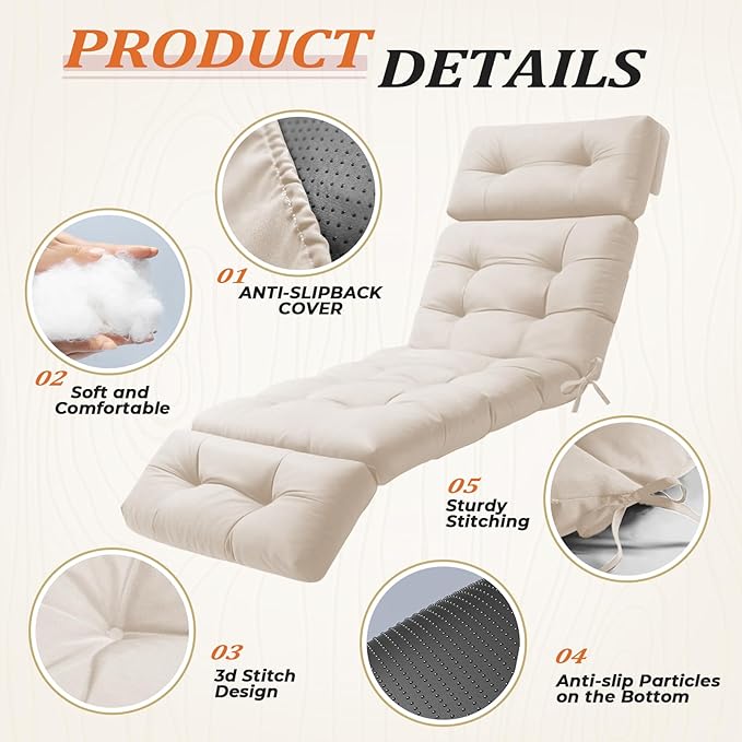 Outdoor Chaise Lounge Cushion, Waterproof 74.4x22x4.7 Inch Thick Cotton Filled