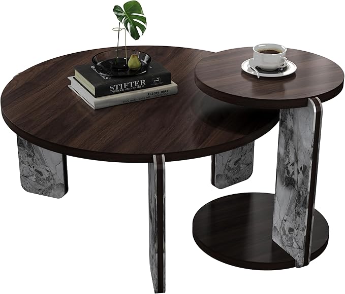 GDFStudio Round Nesting Coffee Table Set of 2, Modern Wooden Accent Side Table