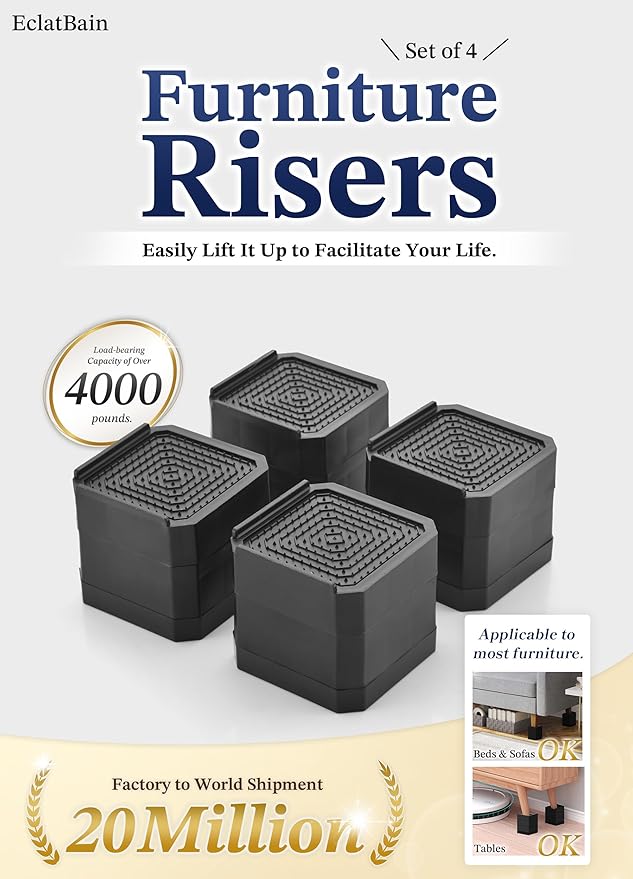 EclatBain Bed Risers Furniture Risers Heavy-Duty Rectangular Adjustable Block 8