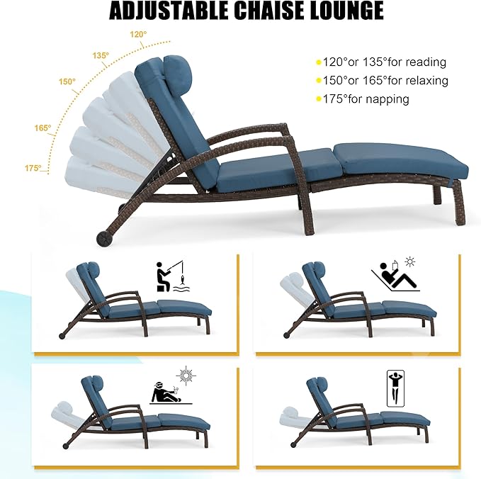 HOMREST Chaise Lounge Chairs Set of 6, PE Rattan Wicker Patio Lounge Chair