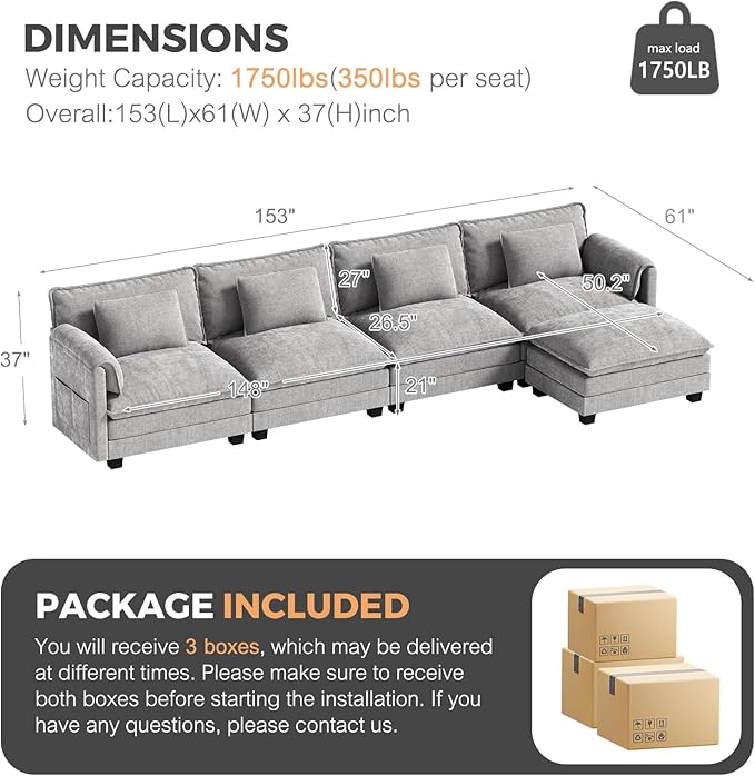 ELUCHANG Oversized 153" Modular Sectional Sofa, Comfy Cloud Couch, L Shaped
