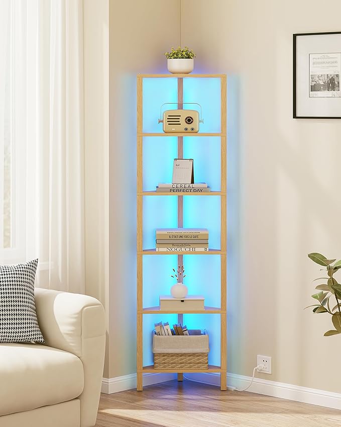 TUTOTAK Corner Shelf with LED Light, 6-Tier Corner Bookshelf