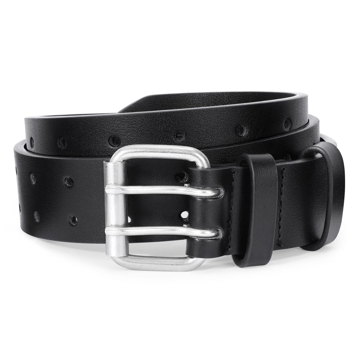 JASGOOD Men Double Prong Leather Belt Casual Work Heavy Duty Belt Double Grommet Holes Belt for Jeans (Black,Suit for Waist Size Below 51")