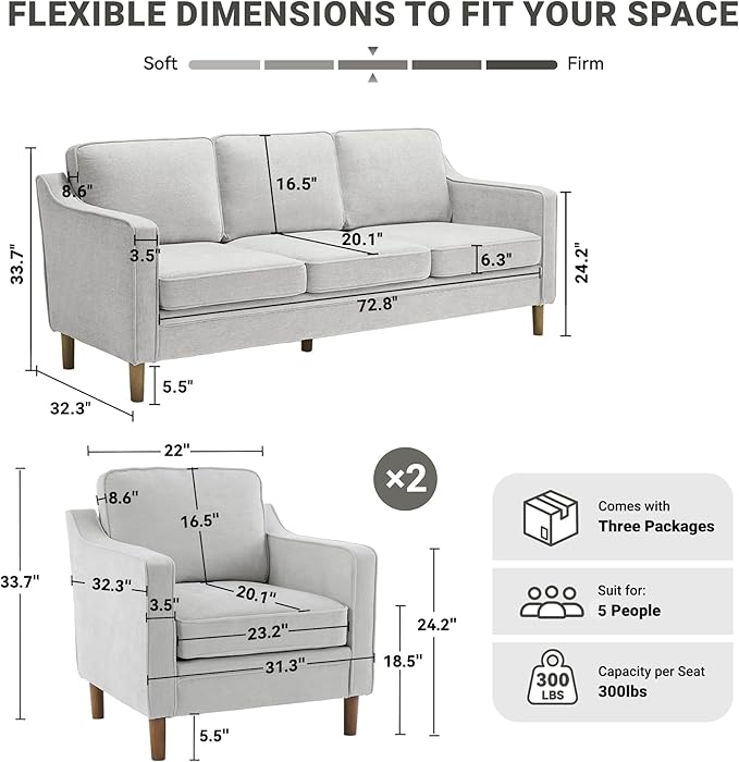 Kingfun Living Room Furniture Sets, 3 Seater Couch and 2 Armchair, Mid Century