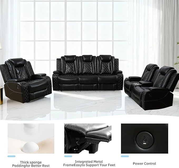 3-Piece Leather Power Recliner Sofa Set