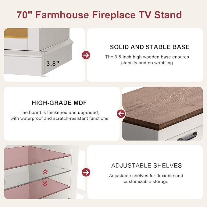 MXV 70" Fireplace TV Stand, 3-Sided Glass Fireplace and Modern Entertainment