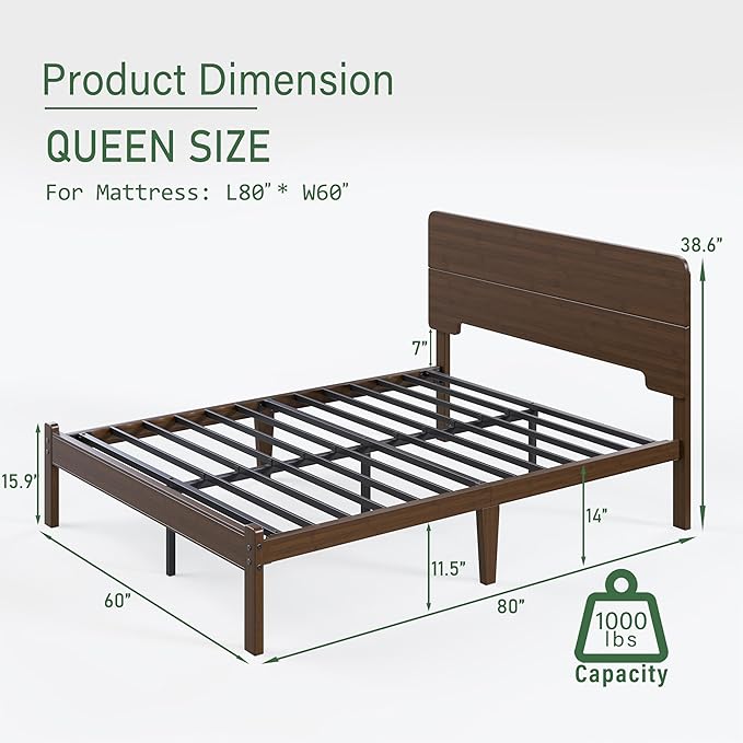 BOSRII 14in High Solid Bamboo Wood Platform Queen Size Bed Frame