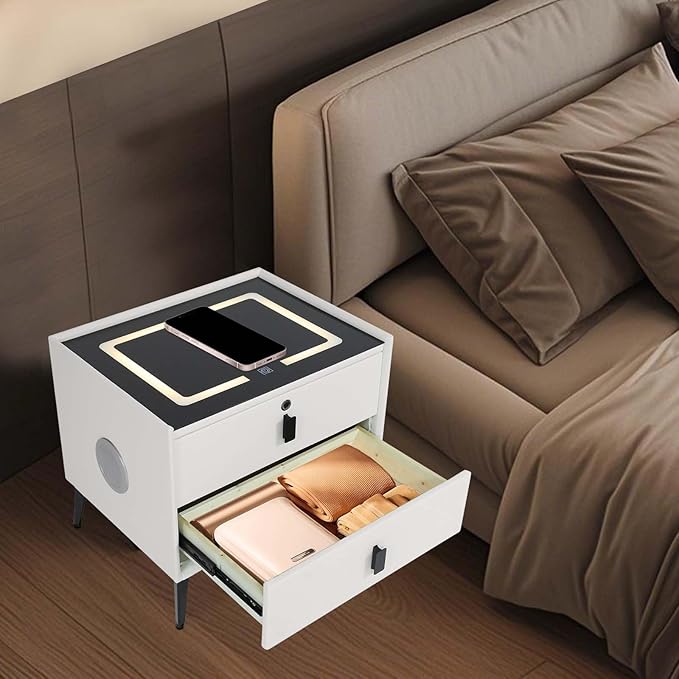 Smart Nightstand w/Fingerprint Lock Drawers, Smart Bedside Table w/USB Charging