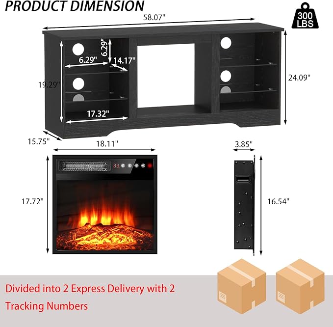 PRETZI Fireplace TV Stand with 18" Fireplace Up to 65" TVs, TV Media Console