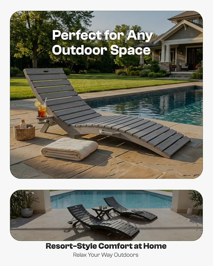 Folding HDPE Pool Lounge Chairs Set of 4, Pre-Assembled Outdoor Chaise Lounge