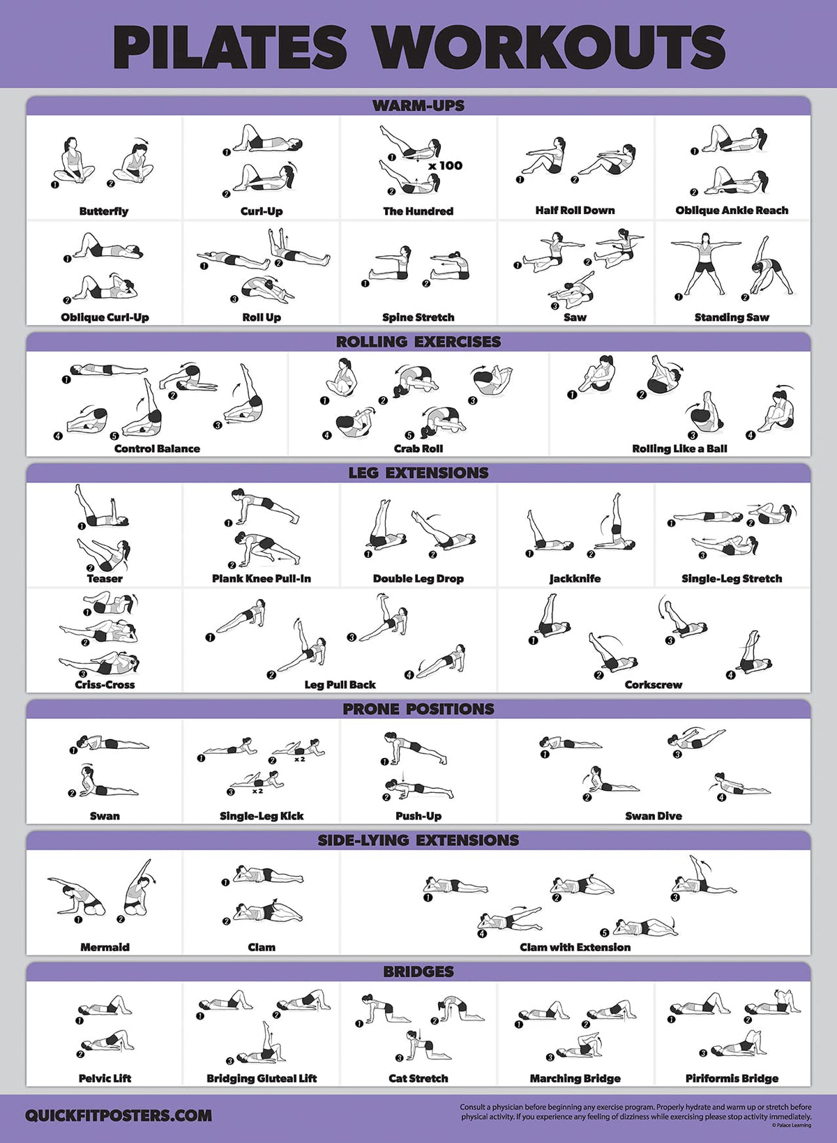 4 Pack - Pilates Workout Volume 1 & 2 + Yoga Poses Volume 1 & 2 - Exercise Poster Set (18 x 24, LAMINATED)