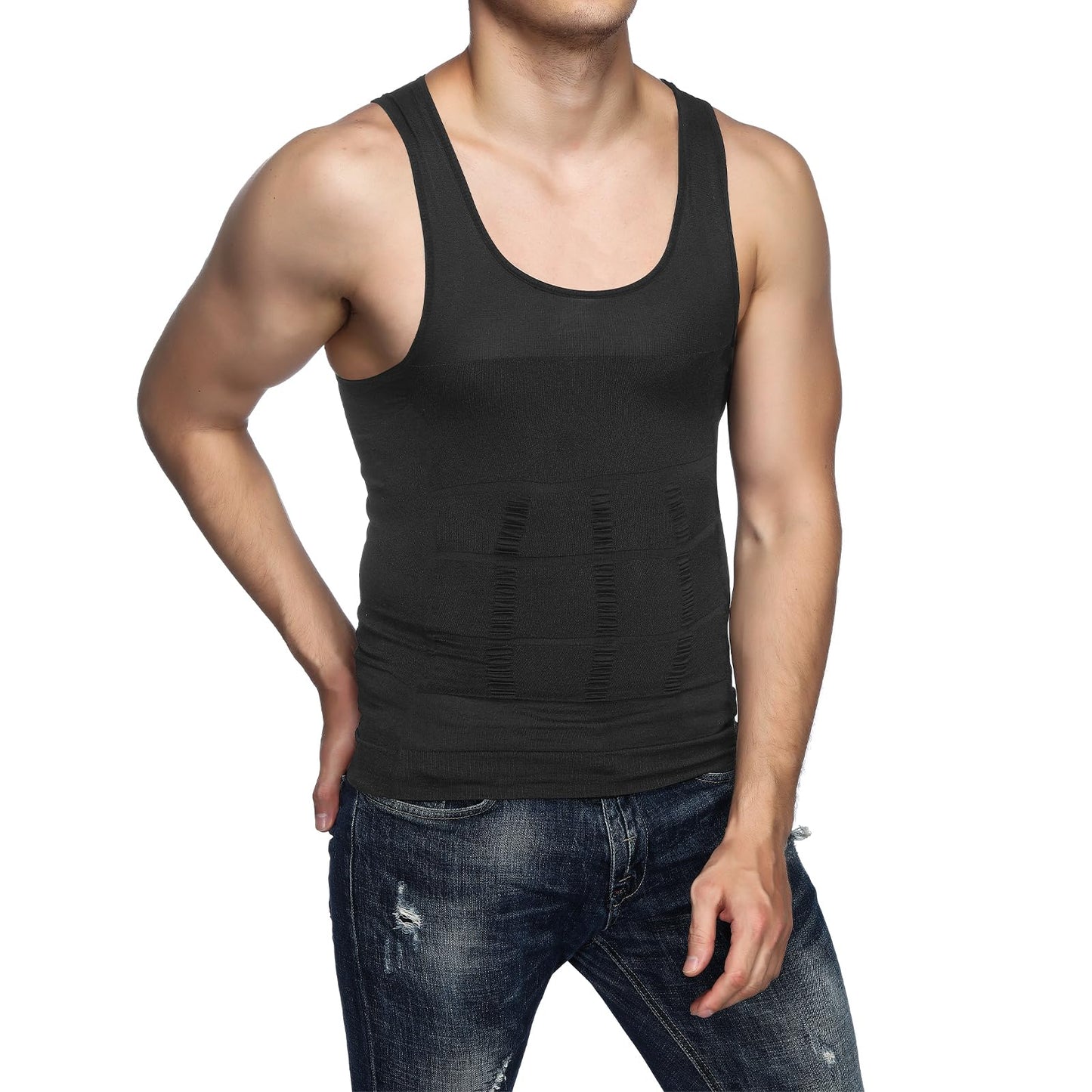 Odoland 5 Pack Men's Compression Shirt Short Sleeve Vest Set, Body Shaper Tummy Slimming Shapewear Tank Top Base Layer for Sport,1 Black/White/Grey Tank Top and 1 Black/White Short Sleeve,L