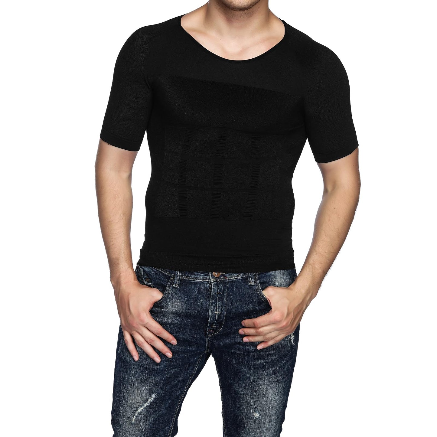Odoland 5 Pack Men's Compression Shirt Short Sleeve Vest Set, Body Shaper Tummy Slimming Shapewear Tank Top Base Layer for Sport,1 Black/White/Grey Tank Top and 1 Black/White Short Sleeve,L