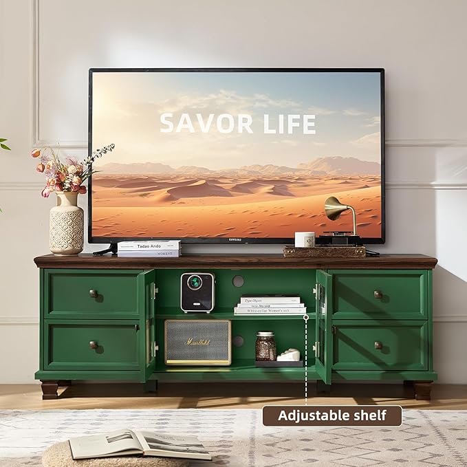 SAVOR LIFE Farmhouse TV Stand for Living Room, Rustic Green Entertainment Center