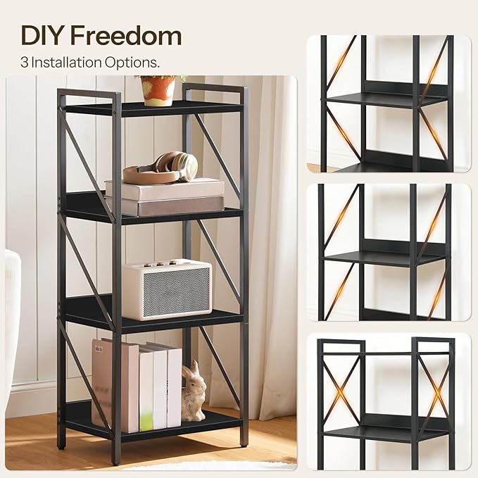 HOOBRO Bookshelf, 4-Tier Industrial Bookcase, Book Shelf Storage Organizer