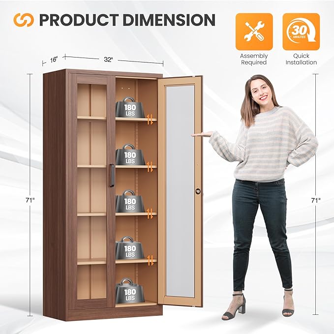 Locking Display Cabinet with Glass Door, 71”H Metal Curio Cabinets with