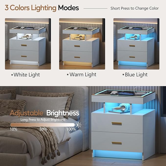 LED Nightstand Set 2 with Wireless Charging Station, Glass Top Smart Bedside