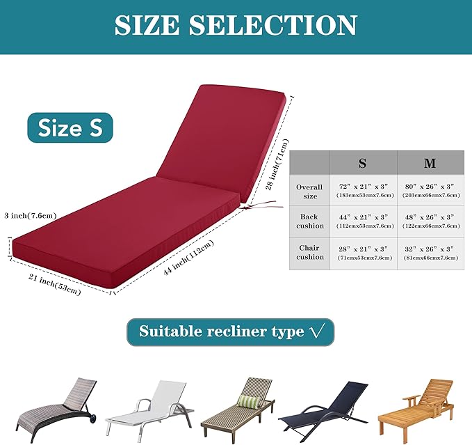 Chaise Lounge Cushion for Outdoor Furniture, Waterproof Fade and Tear Resistant