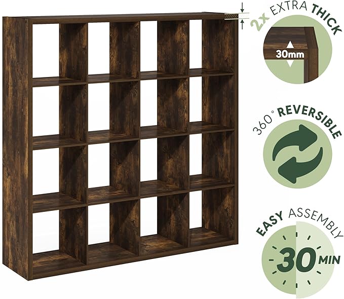 Furinno Cubicle Book Shelf, 16-Cube Bookshelf, Extra Thick Frame Reversible